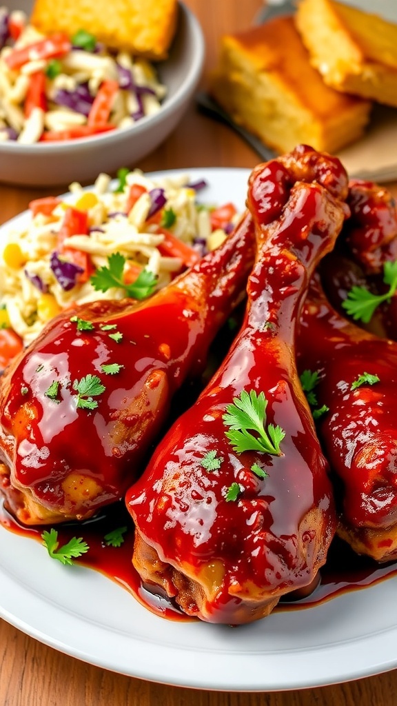Oven baked BBQ chicken drumsticks on a plate with barbecue sauce and parsley, served with coleslaw and cornbread.